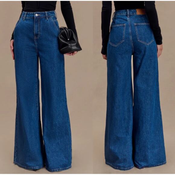 NWT Meshki Jen High Waisted Wide Leg Flare Denim Jeans Dark Blue Women's Size 6 - Picture 1 of 6